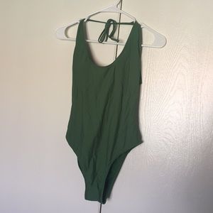 Green Halter Swimsuit with Mesh Panels